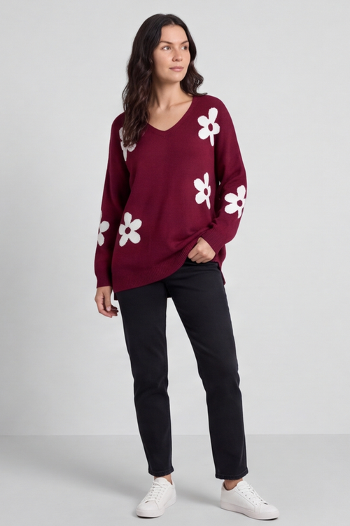 Valerie Flower Knitted Jumper Wine - Image 2