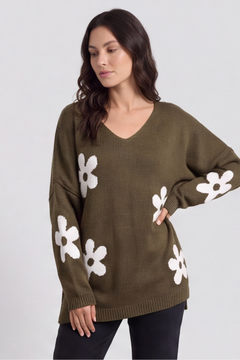 Valerie Flower Knitted Jumper Khaki