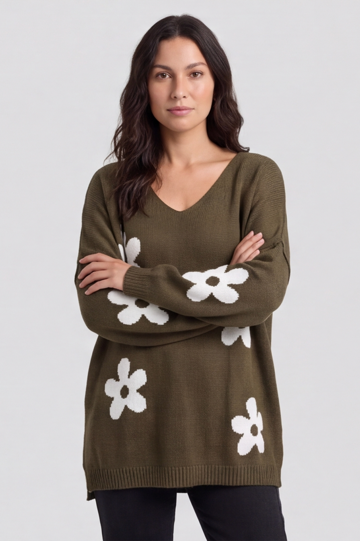 Valerie Flower Knitted Jumper Khaki