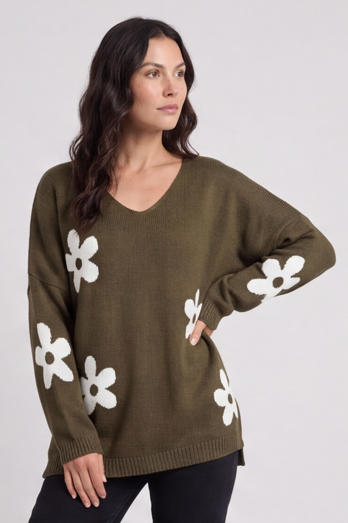 Valerie Flower Knitted Jumper Khaki