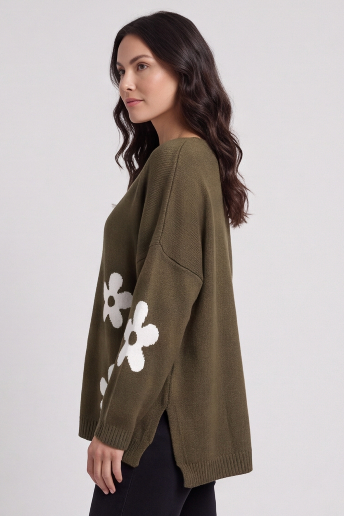 Valerie Flower Knitted Jumper Khaki