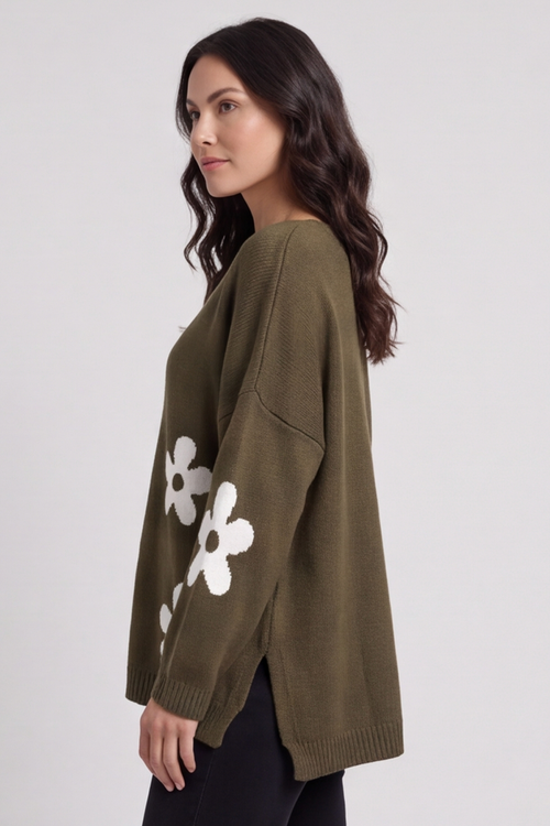 Valerie Flower Knitted Jumper Khaki - Image 8