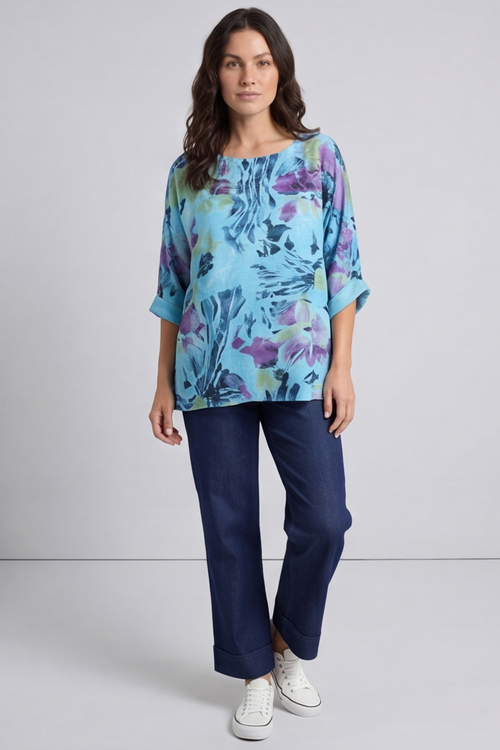 Vicki Floral Print Cotton Top Aqua - Image 2