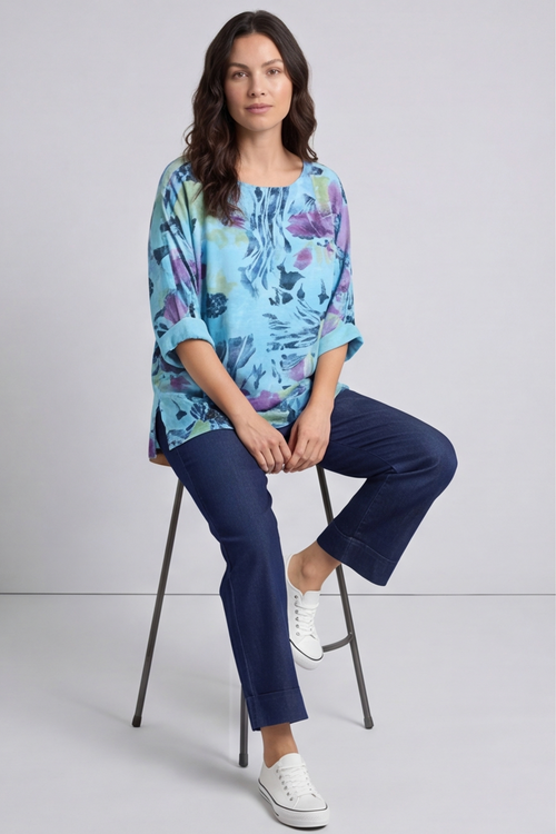 Vicki Floral Print Cotton Top Aqua - Image 3