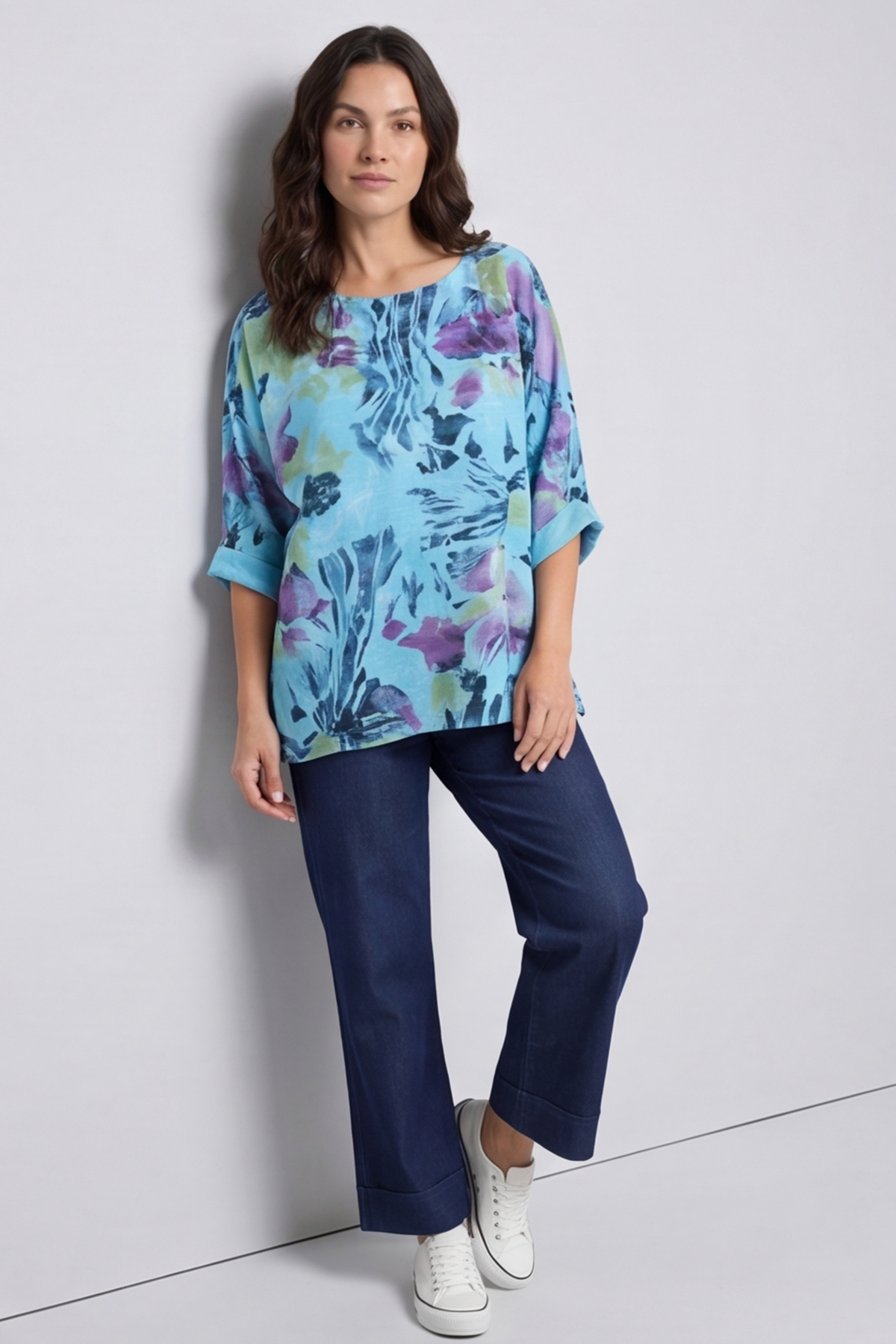Vicki Floral Print Cotton Top Aqua