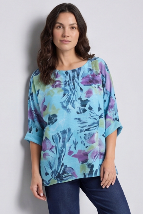 Vicki Floral Print Cotton Top Aqua - Image 1