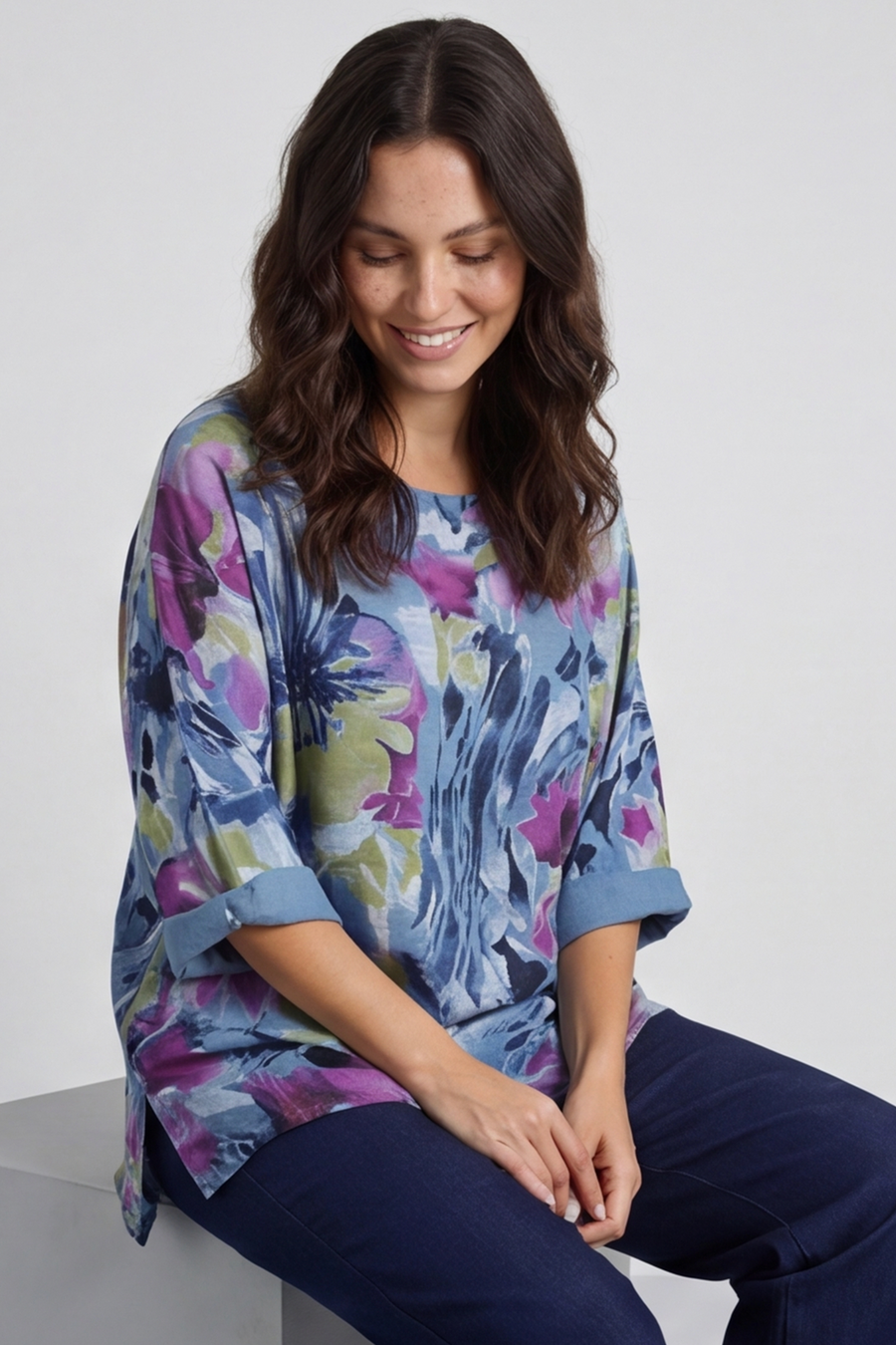 Vicki Floral Print Cotton Top Blue