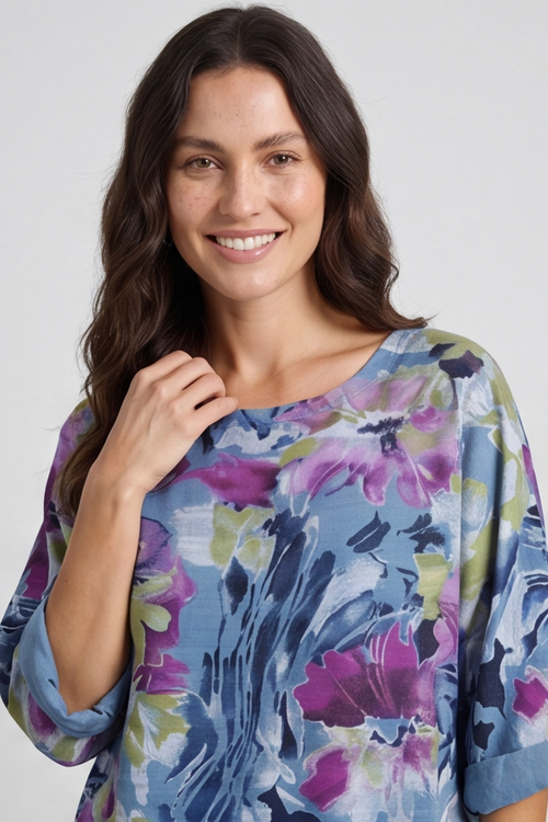 Vicki Floral Print Cotton Top Blue - Image 3