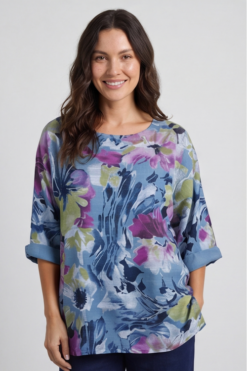 Vicki Floral Print Cotton Top Blue - Image 5