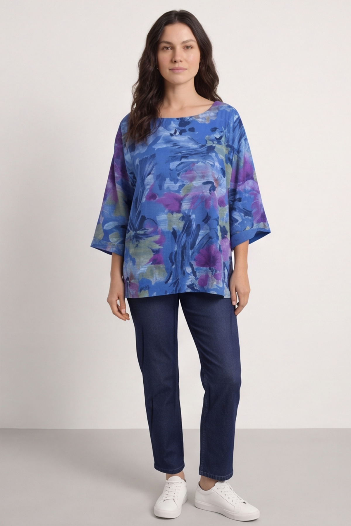 Vicki Floral Print Cotton Top Cobalt