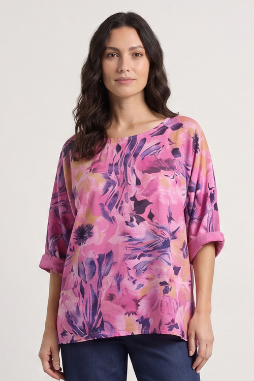 Vicki Floral Print Cotton Top Fuchsia - Image 4