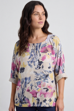 Vicki Floral Print Cotton Top Stone