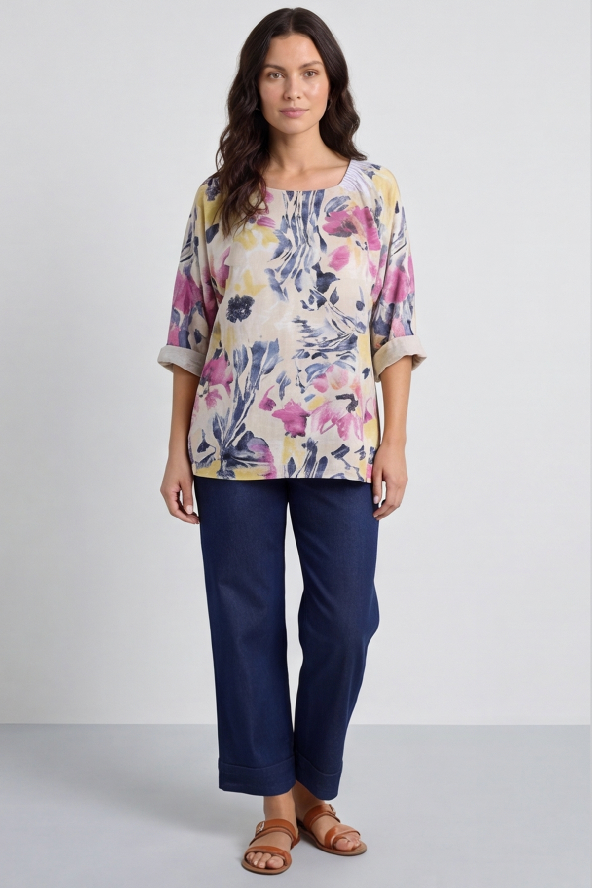 Vicki Floral Print Cotton Top Stone