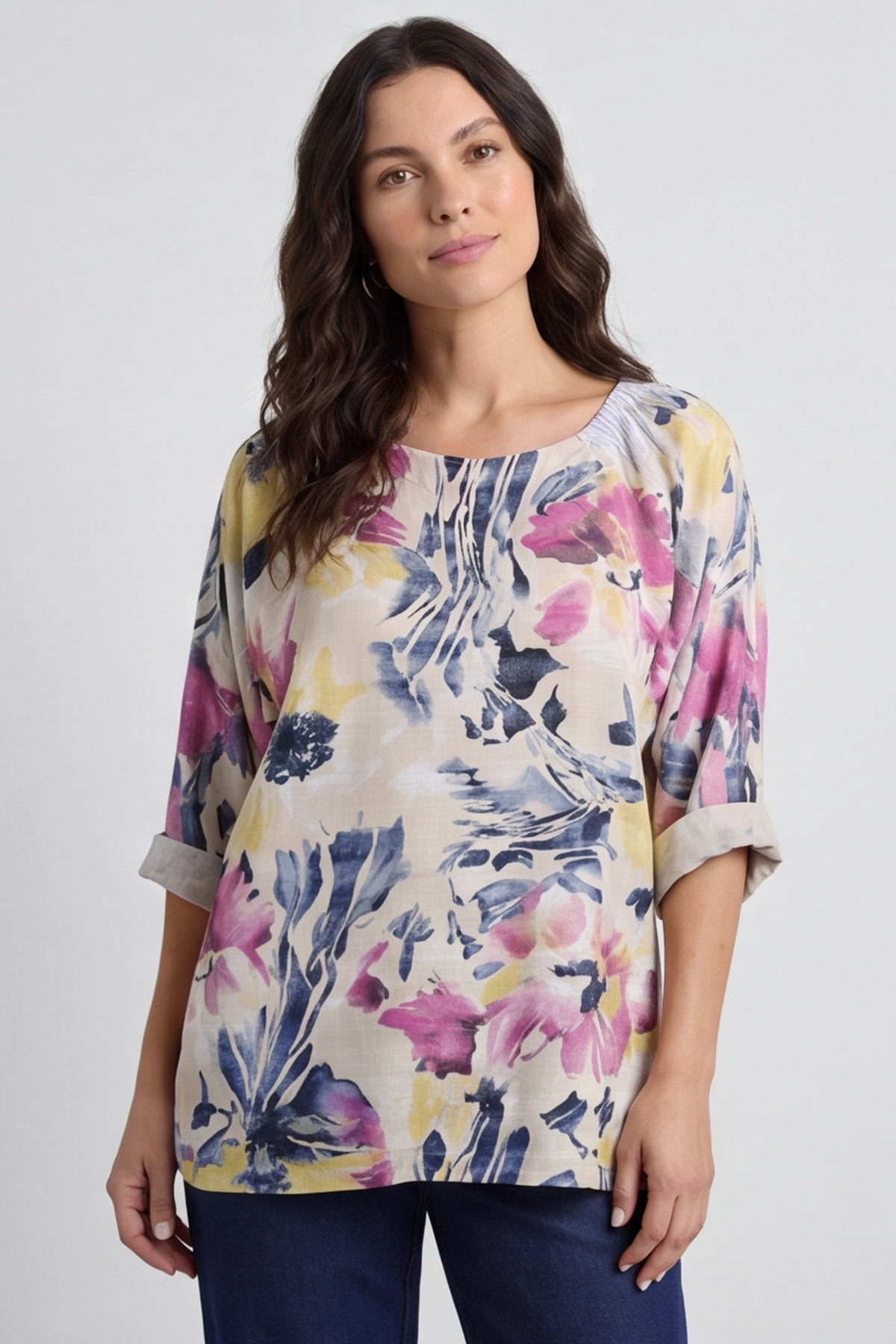 Vicki Floral Print Cotton Top Stone