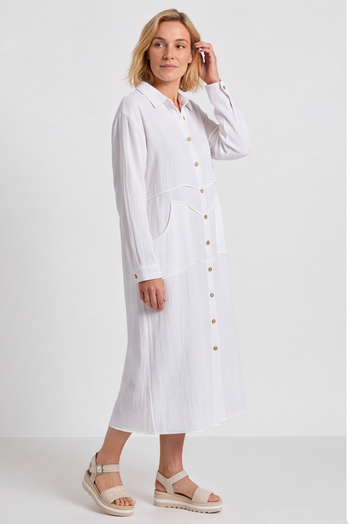 Isabella Button Midi White Dress