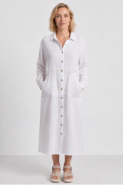 Isabella Button Midi White Dress - Image 2