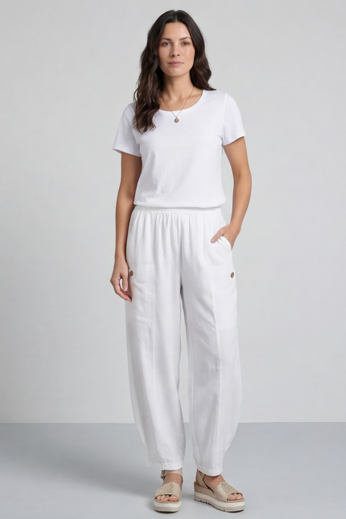 Clarisse Button Pocket Linen Trousers White