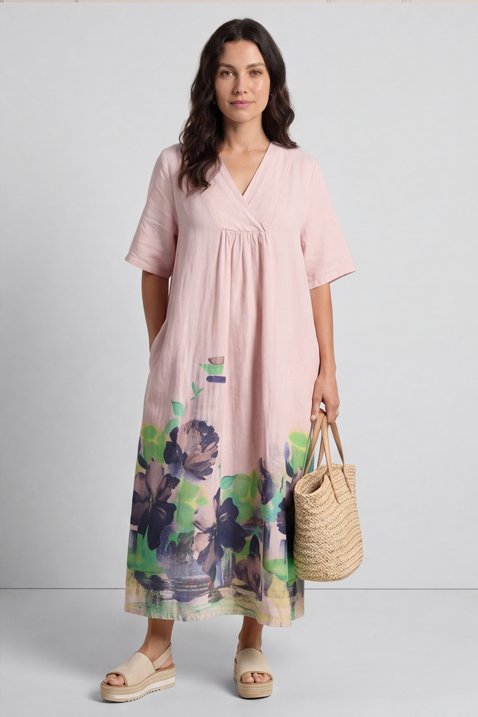 Whitstable V Neck Print Linen Dress Pink
