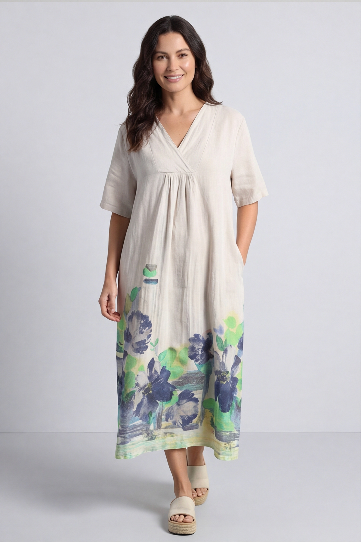 Whitstable V Neck Print Linen Dress Stone