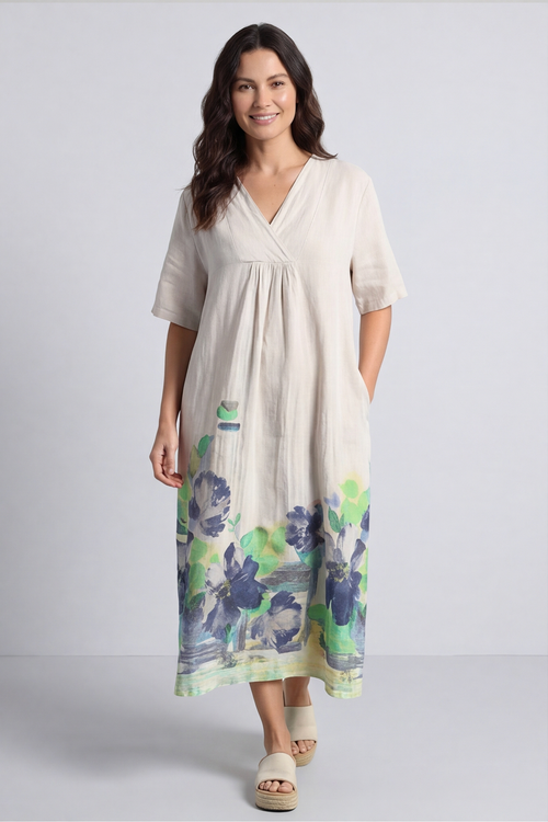 Whitstable V Neck Print Linen Dress Stone - Image 2