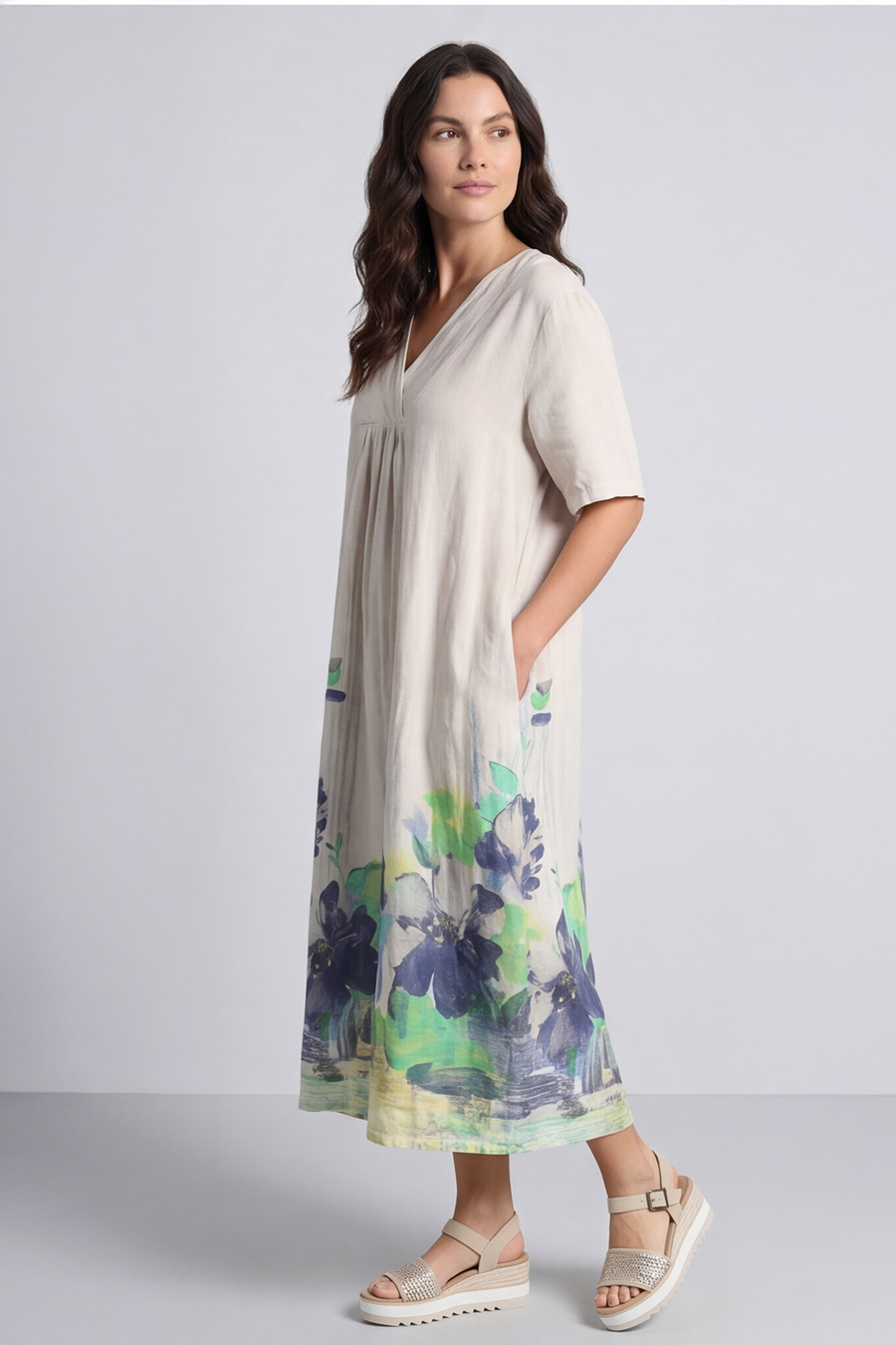Whitstable V Neck Print Linen Dress Stone