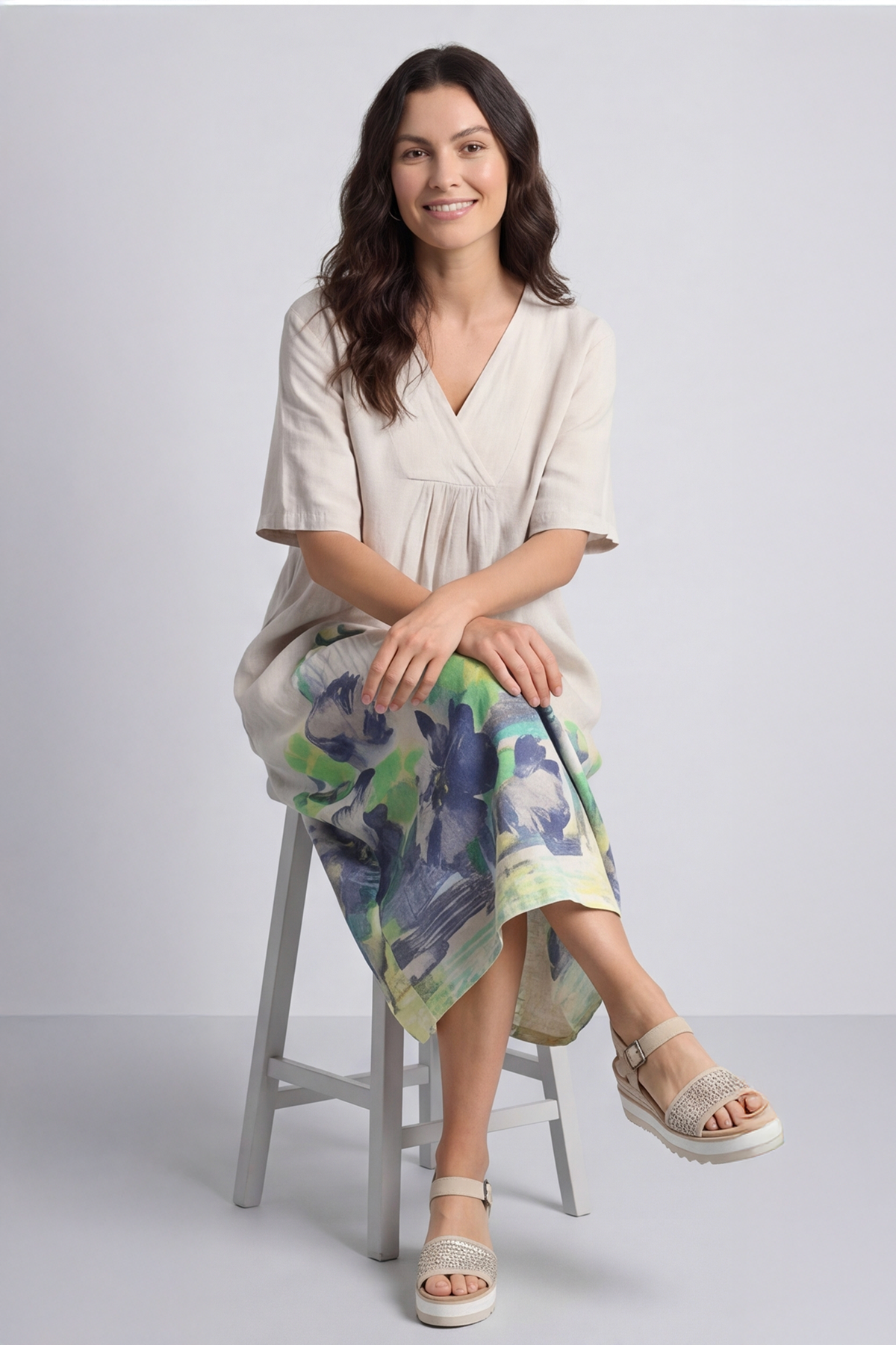 Whitstable V Neck Print Linen Dress Stone