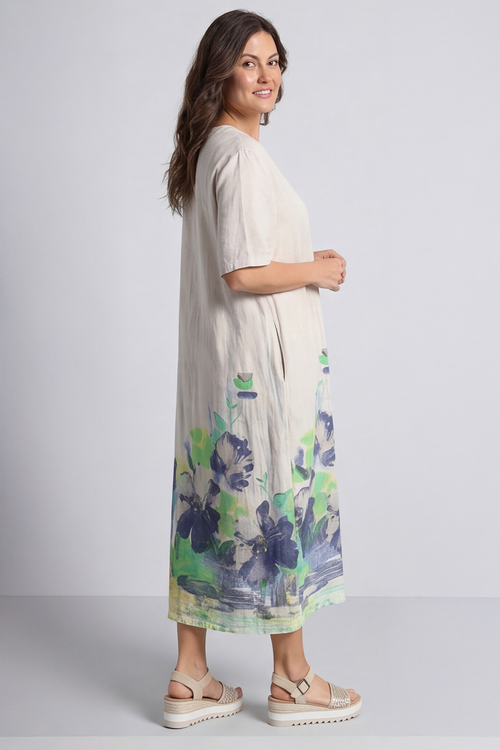 Whitstable V Neck Print Linen Dress Stone - Image 5