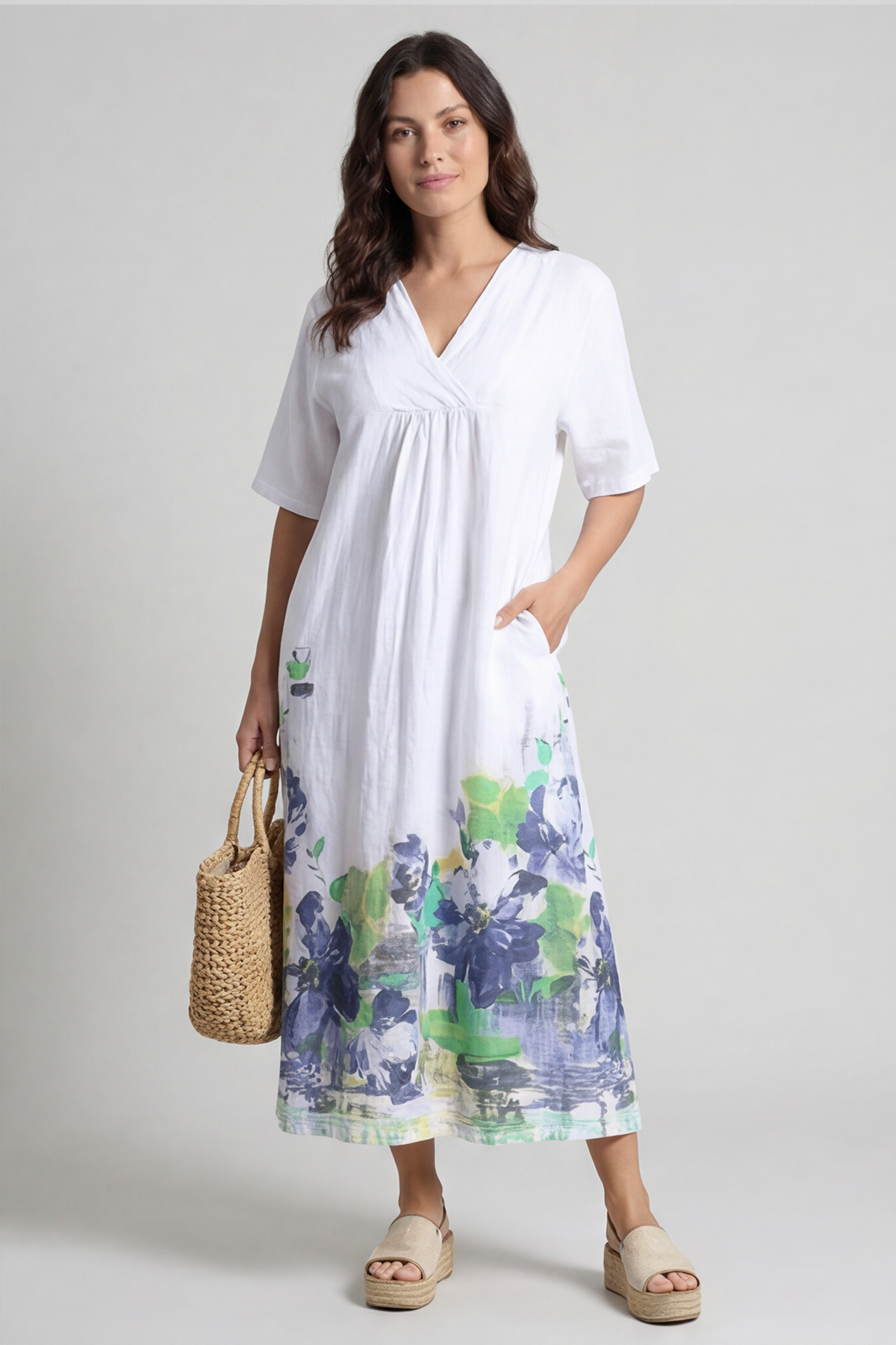 Whitstable V Neck Print Linen Dress White