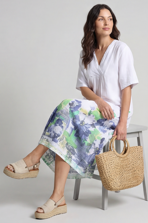 Whitstable V Neck Print Linen Dress White - Image 2