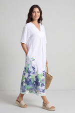 Whitstable V Neck Print Linen Dress White White - Whitstable V Neck Print Linen Dress White