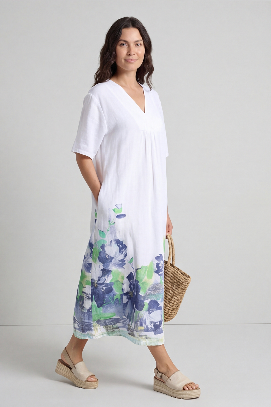 Whitstable V Neck Print Linen Dress White