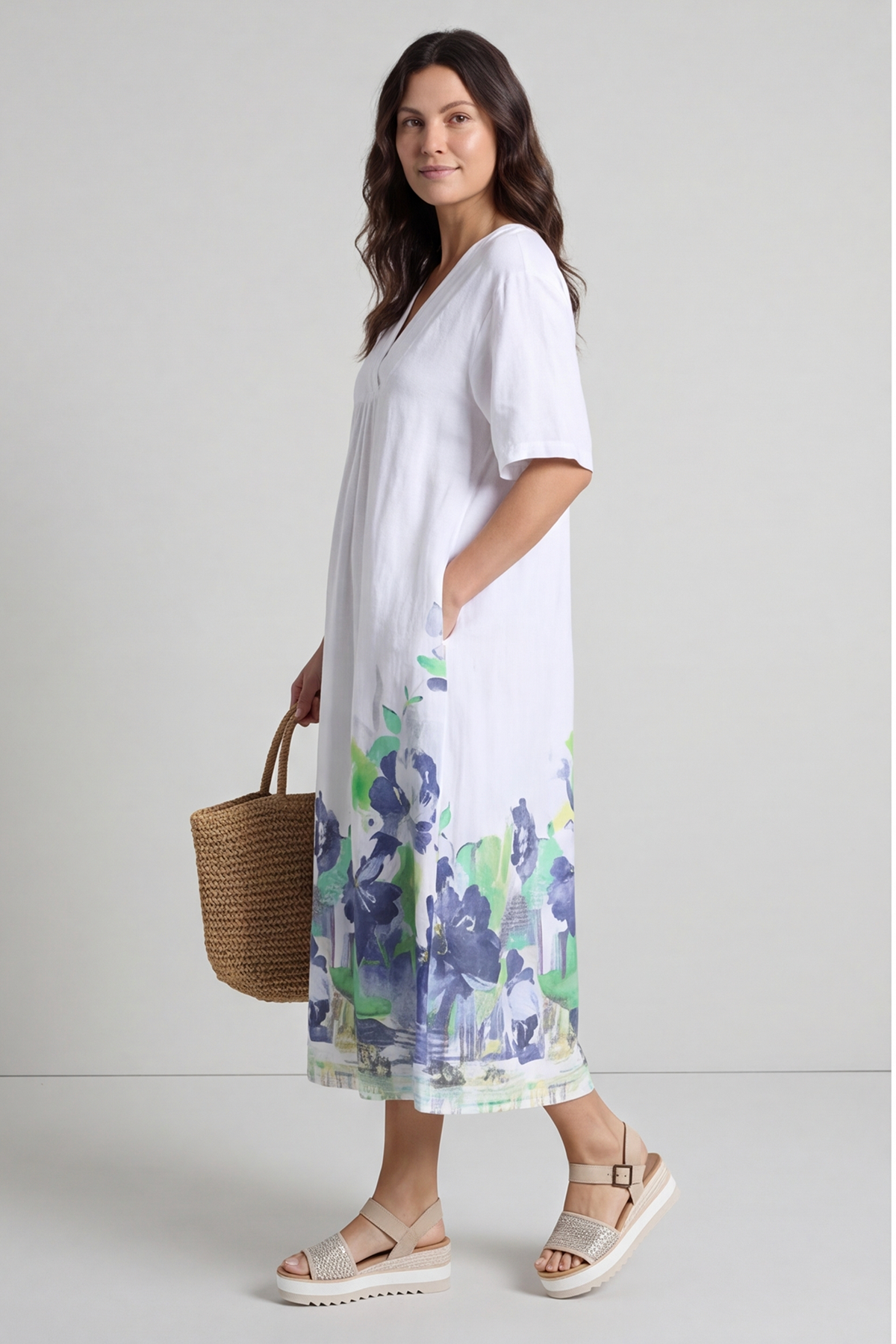 Whitstable V Neck Print Linen Dress White