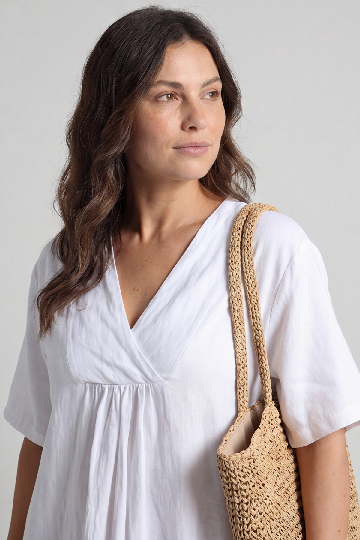Whitstable V Neck Print Linen Dress White