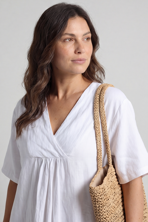 Whitstable V Neck Print Linen Dress White - Image 5