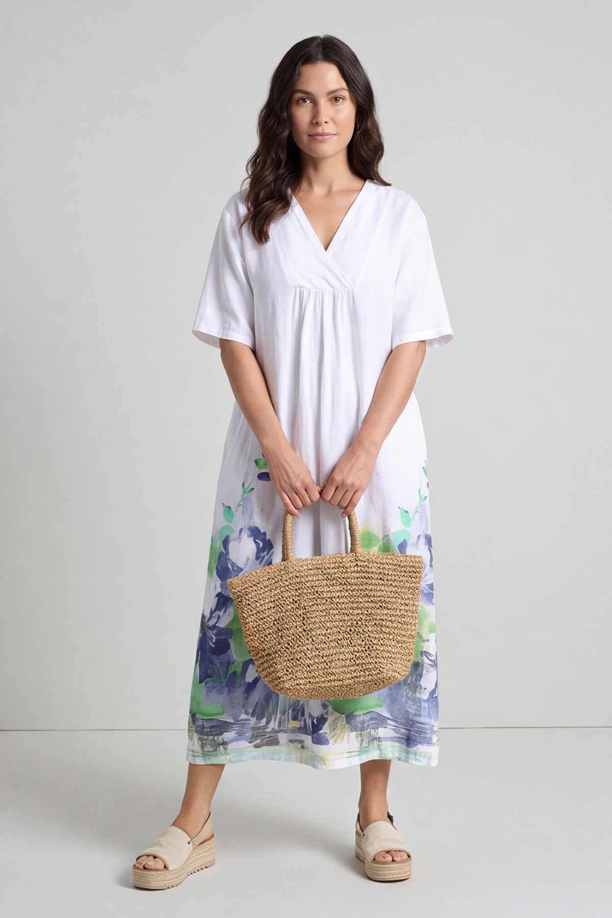 Whitstable V Neck Print Linen Dress White