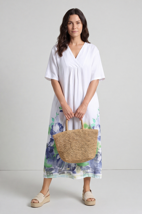 Whitstable V Neck Print Linen Dress White - Image 6