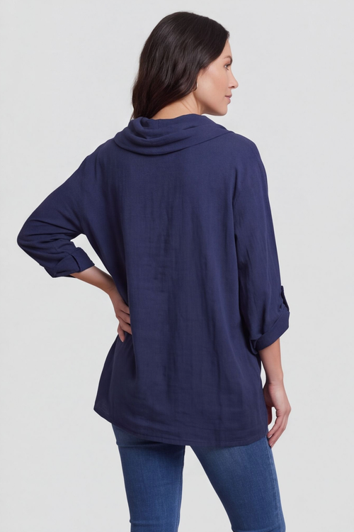 Beulah Cowl Neck Cotton Top Navy - Image 5