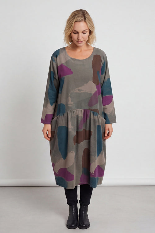 Dreda Print Needlecord Dress Teal - Image 1