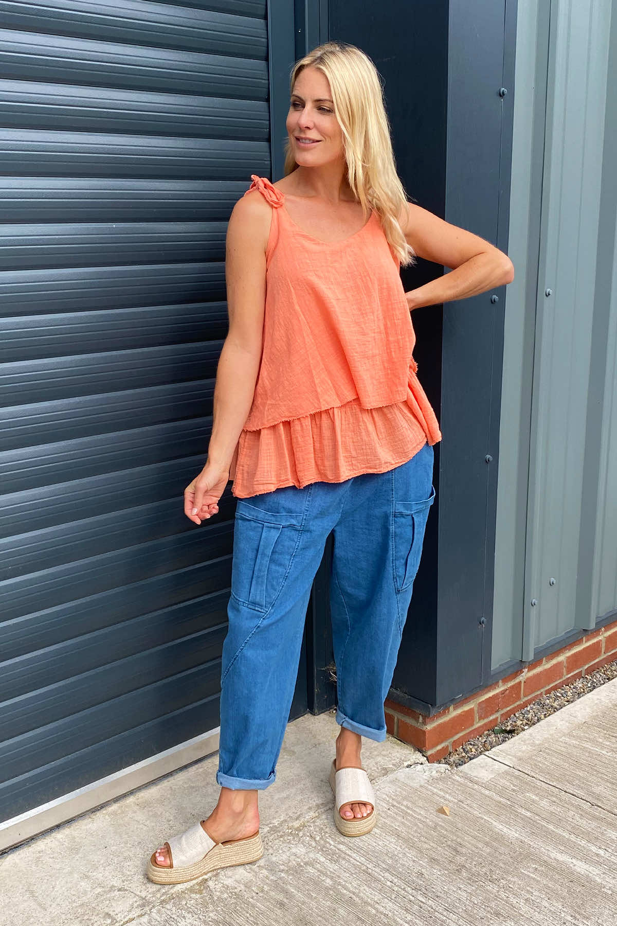 Elias Tie Shoulder Cotton Top Coral