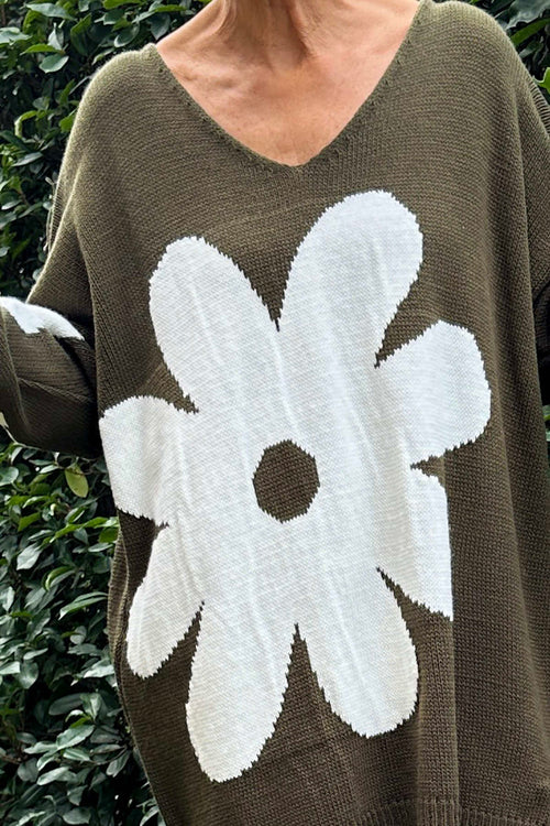 Joan Flower Knitted Jumper Khaki - Image 3