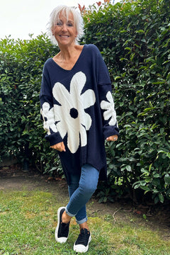 Joan Flower Knitted Jumper Navy