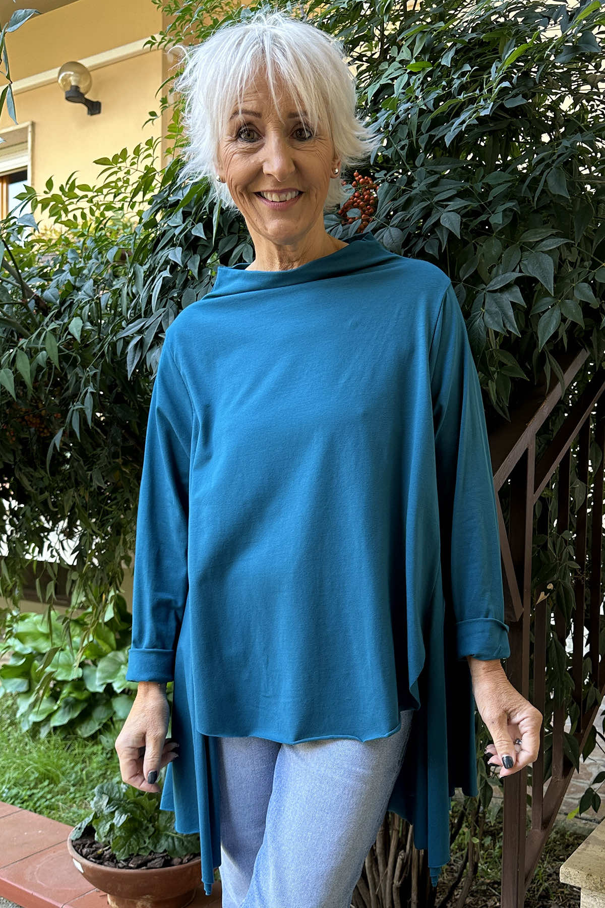 Della Cowl Neck Cotton Top Teal