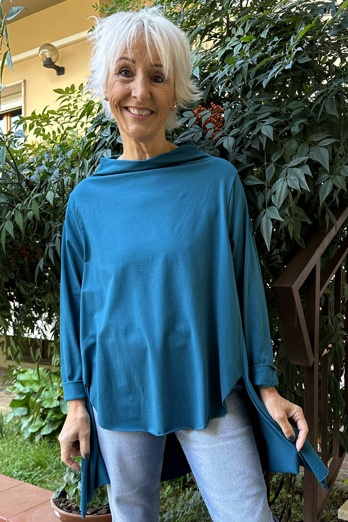 Della Cowl Neck Cotton Top Teal