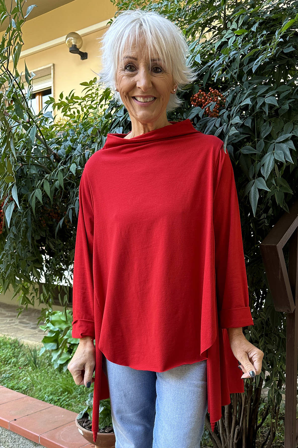 Della Cowl Neck Cotton Top Red