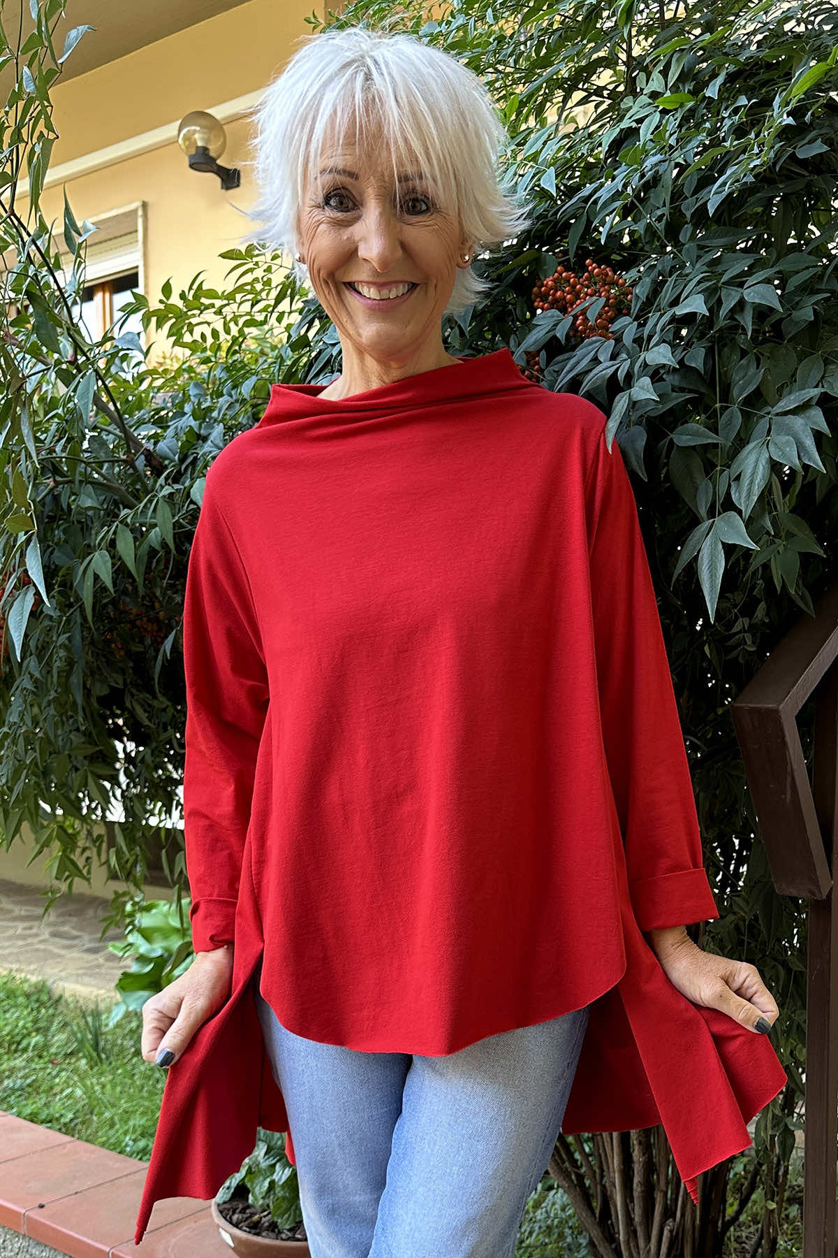 Della Cowl Neck Cotton Top Red