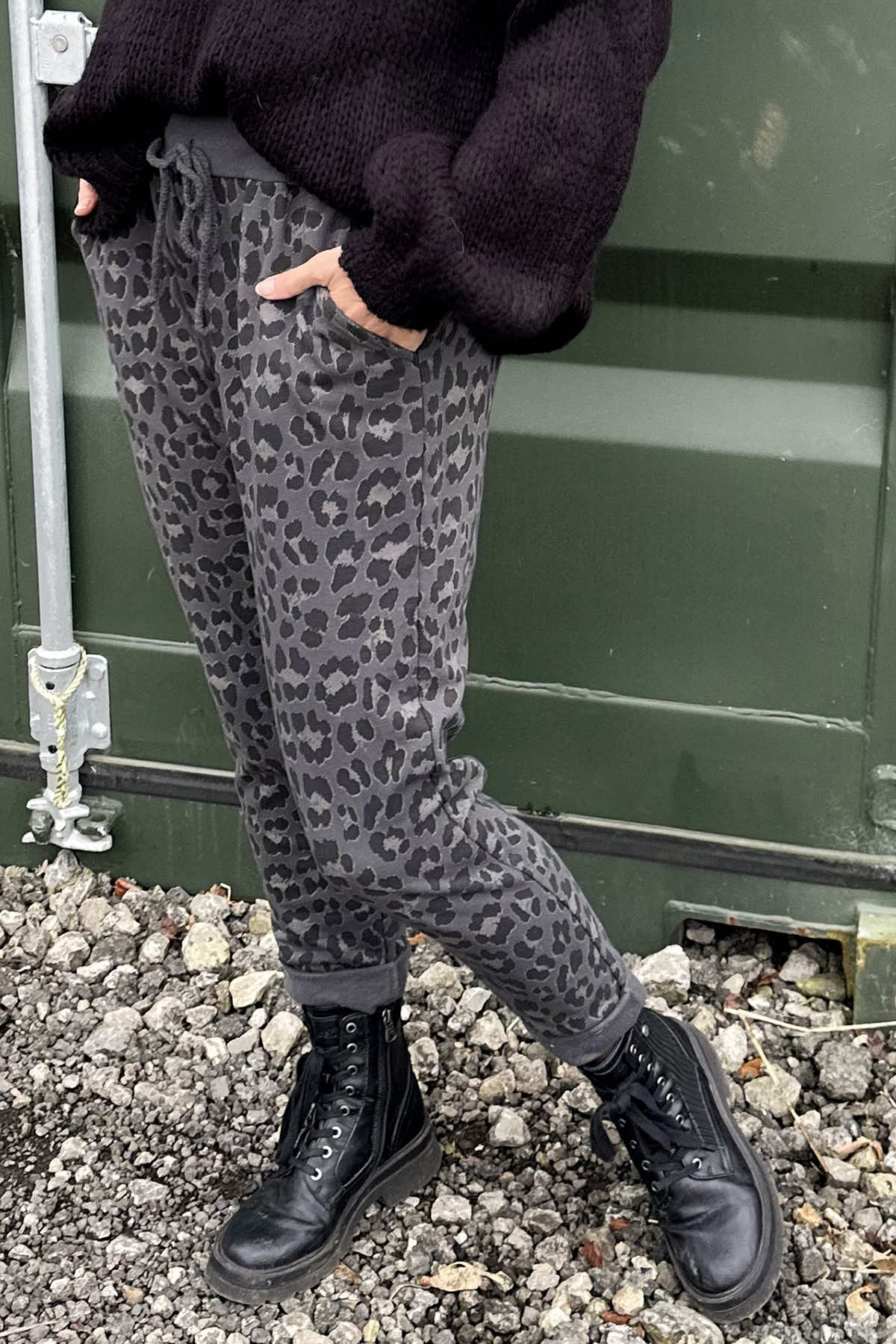 Effie Leopard Print Cotton Joggers Charcoal