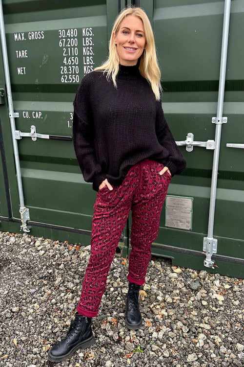 Effie Leopard Print Cotton Joggers Wine