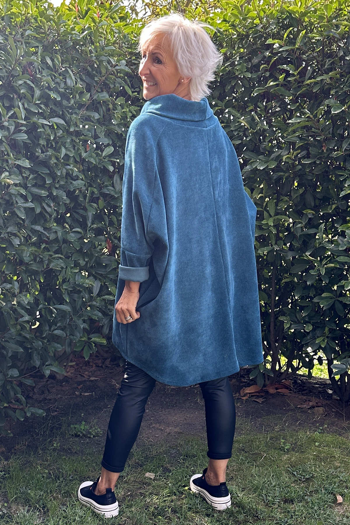 Emmeline Cowl Neck Cord Top Blue