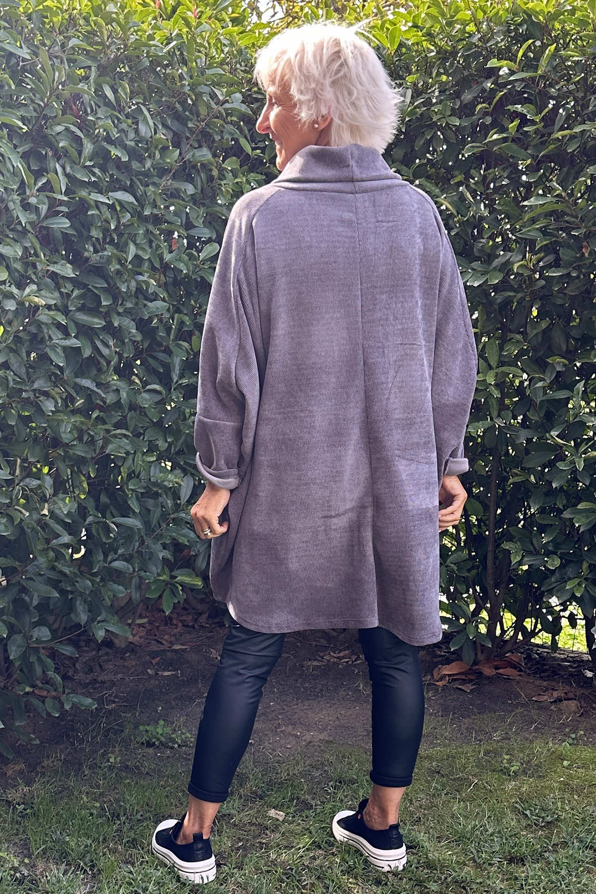 Emmeline Cowl Neck Cord Top Mid Grey