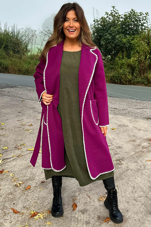 Nadia Trim Belted Coat Berry